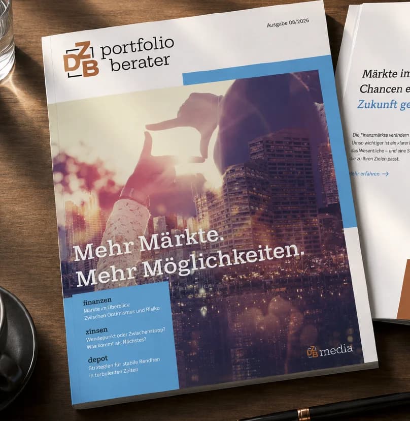 Das gedruckte Fachmagazin portfolio berater auf einem Schreibtisch
